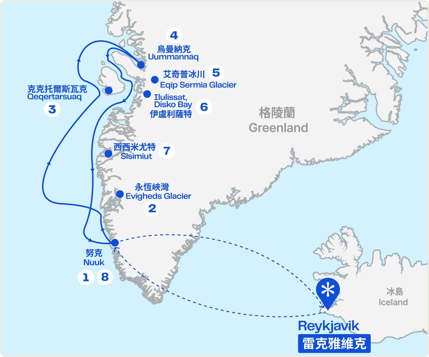 北極西格陵蘭極光深度遊 (自由行套票)【8日7夜】(2026) 行程地圖