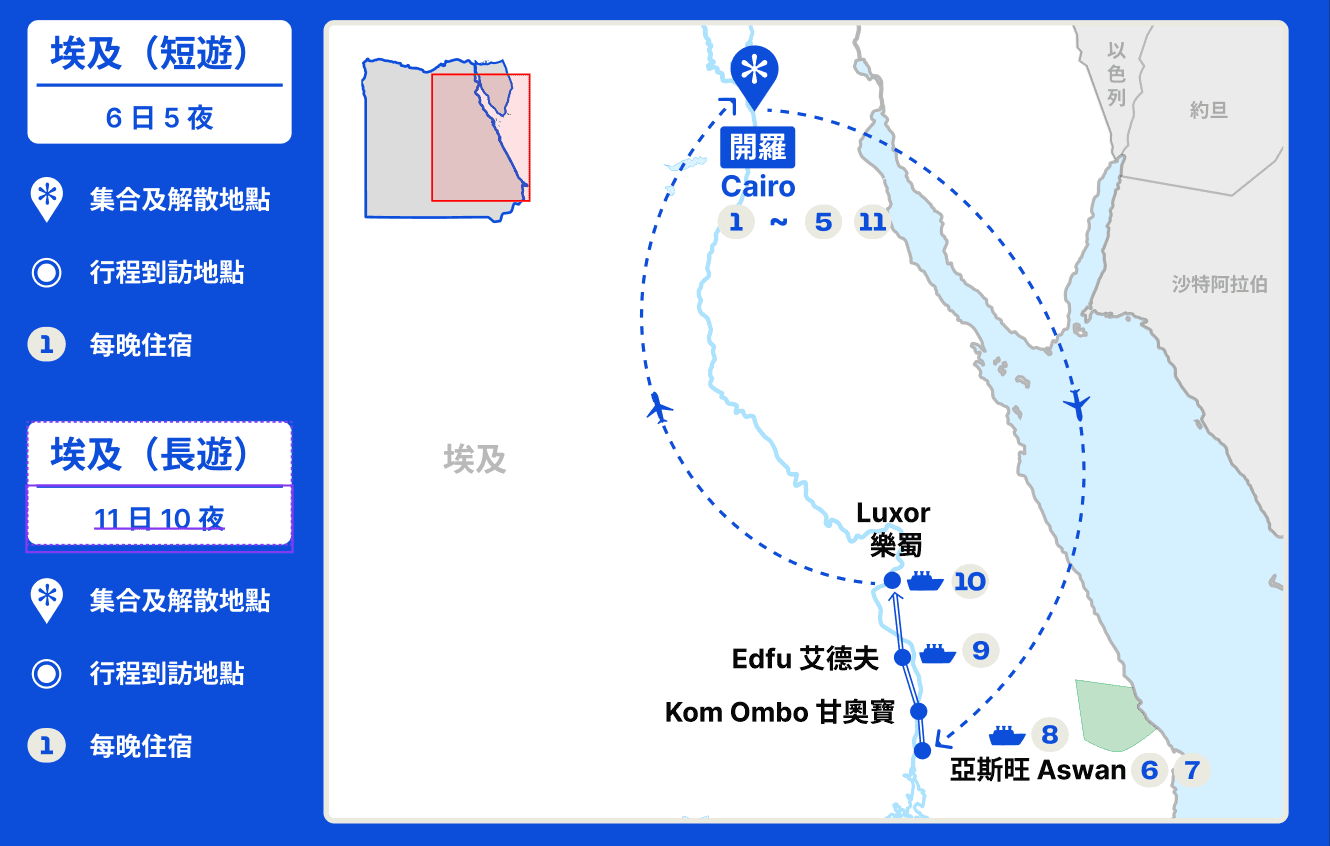 十二月埃及金字塔馬拉松深度遊【11日10夜】 行程地圖