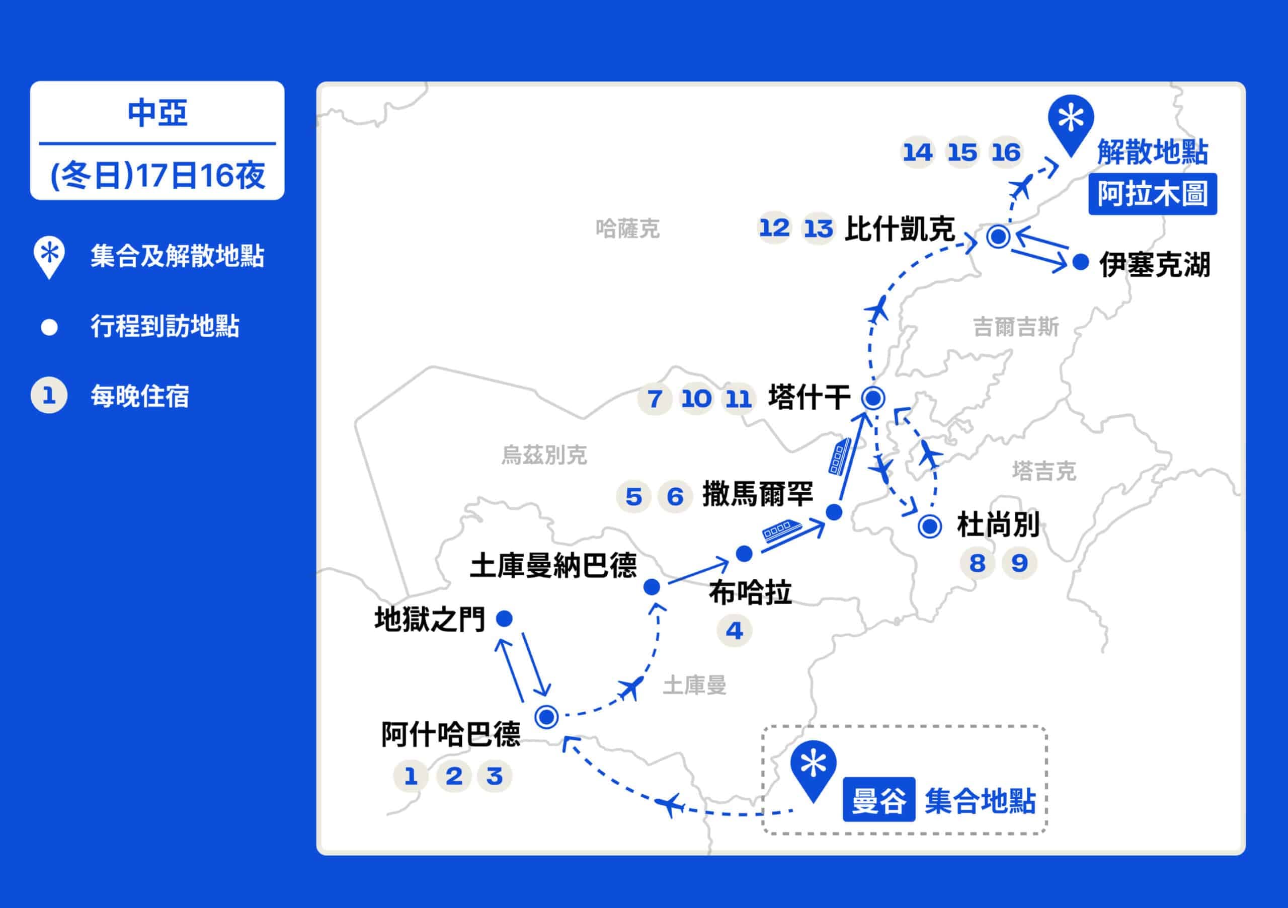 中亞深秋土庫曼、烏茲別克兩國深度遊【8日7夜】 行程地圖