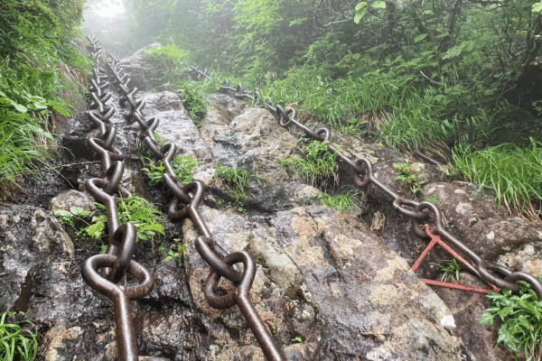 石鎚山步道陡峭,需以大鐵鏈輔助攀登